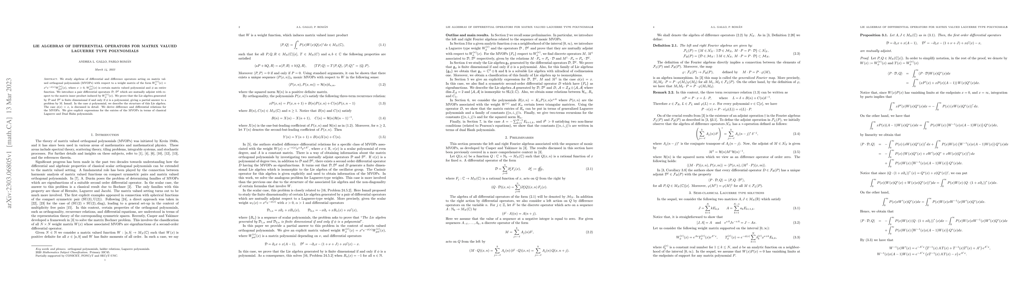 Thumbnail for Lie algebras of differential operators for Matrix valued Laguerre type
  polynomials