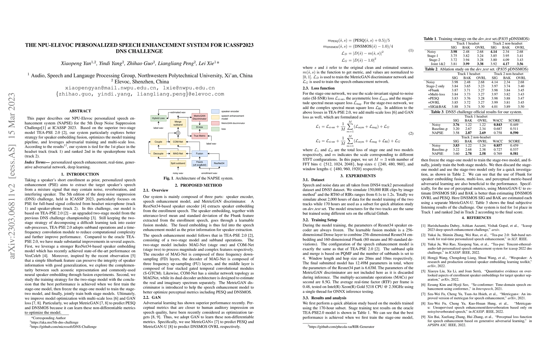 Thumbnail for The NPU-Elevoc Personalized Speech Enhancement System for ICASSP2023 DNS
  Challenge