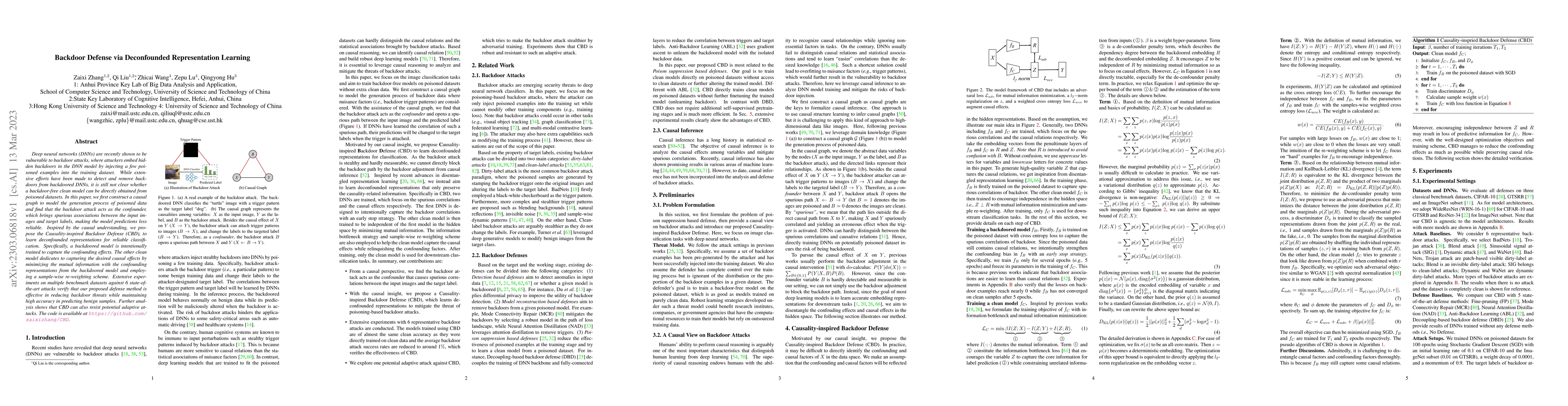 Thumbnail for Backdoor Defense via Deconfounded Representation Learning