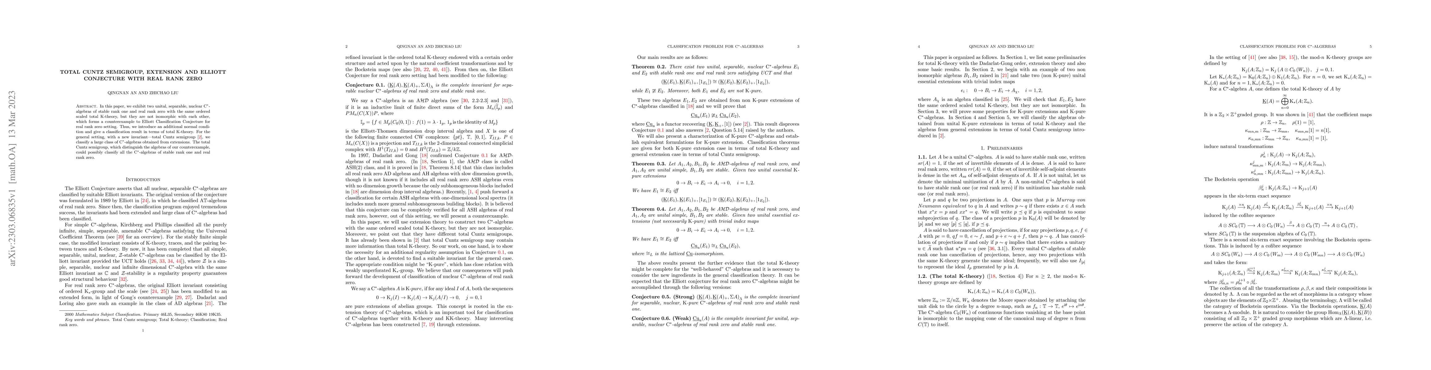 Thumbnail for Total Cuntz semigroup, Extension and Elliott Conjecture with Real rank
  zero