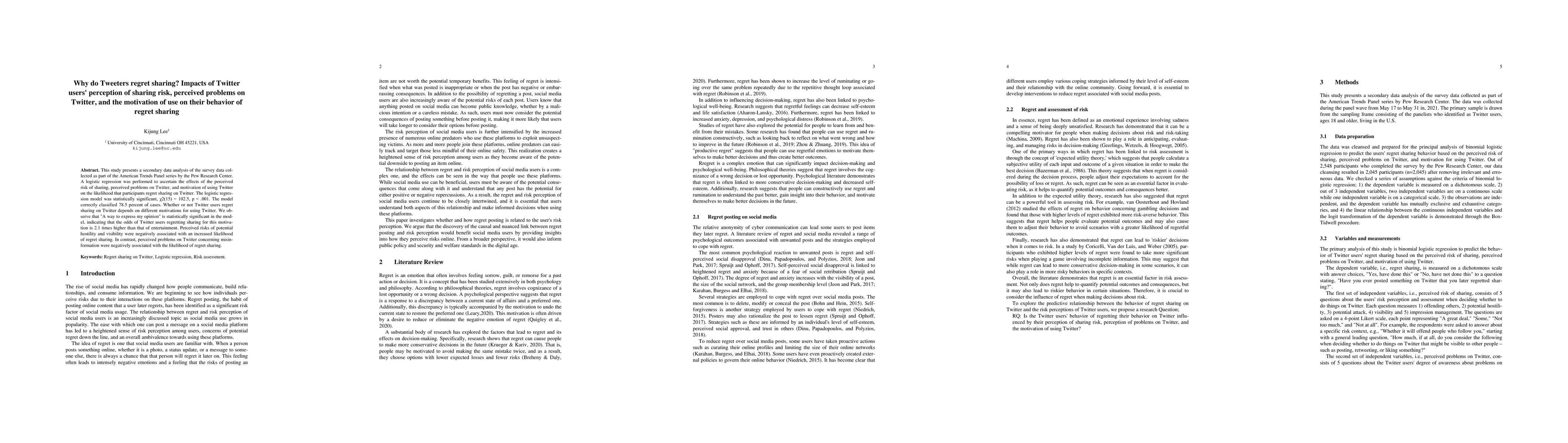 Thumbnail for Why do Tweeters regret sharing? Impacts of Twitter users' perception of
  sharing risk, perceived problems on Twitter, and the motivation of use on
  their behavior of regret sharing
