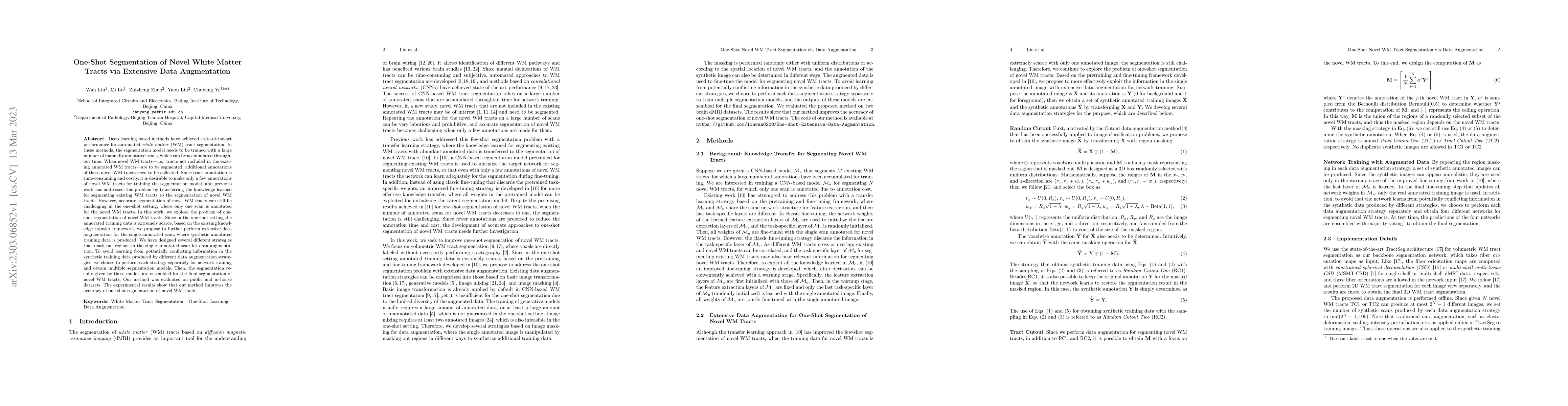 Thumbnail for One-Shot Segmentation of Novel White Matter Tracts via Extensive Data
  Augmentation