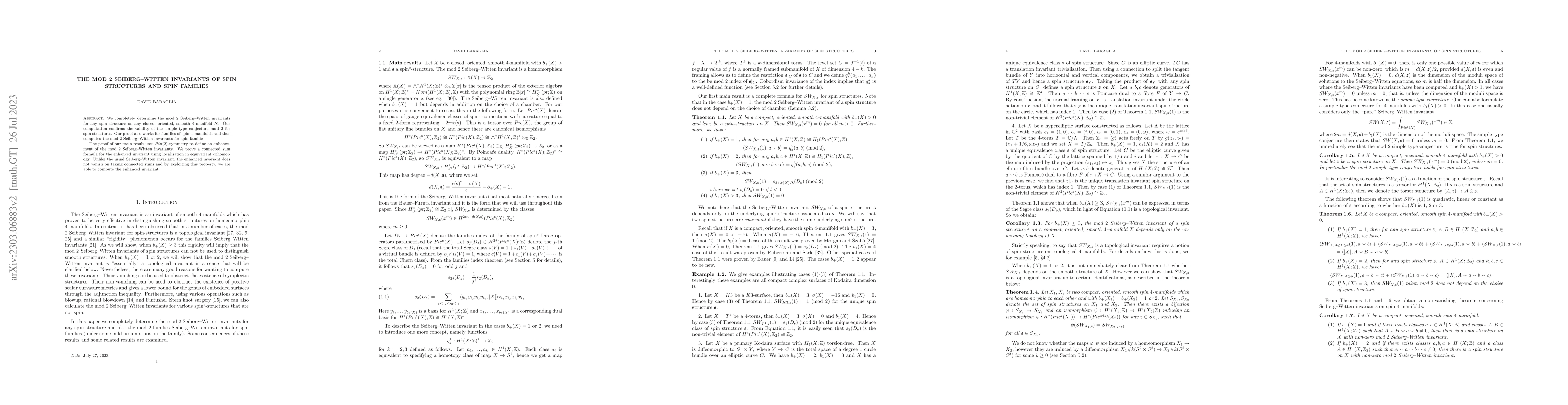 Thumbnail for The mod 2 Seiberg-Witten invariants of spin structures and spin families