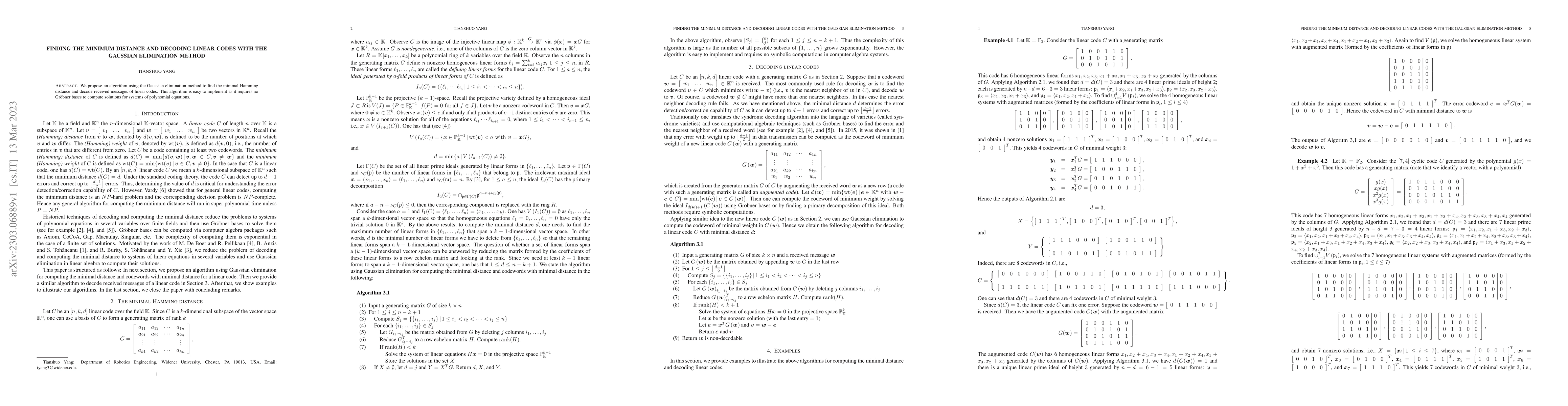 Thumbnail for Finding the minimum distance and decoding linear codes with Gaussian
  Elimination Method