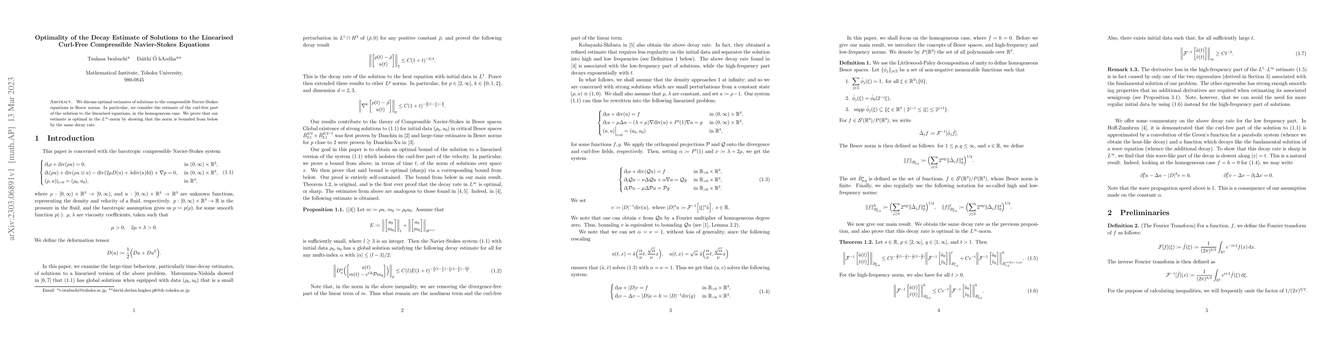 Thumbnail for Optimality of the Decay Estimate of Solutions to the Linearised
  Curl-Free Compressible Navier-Stokes Equations
