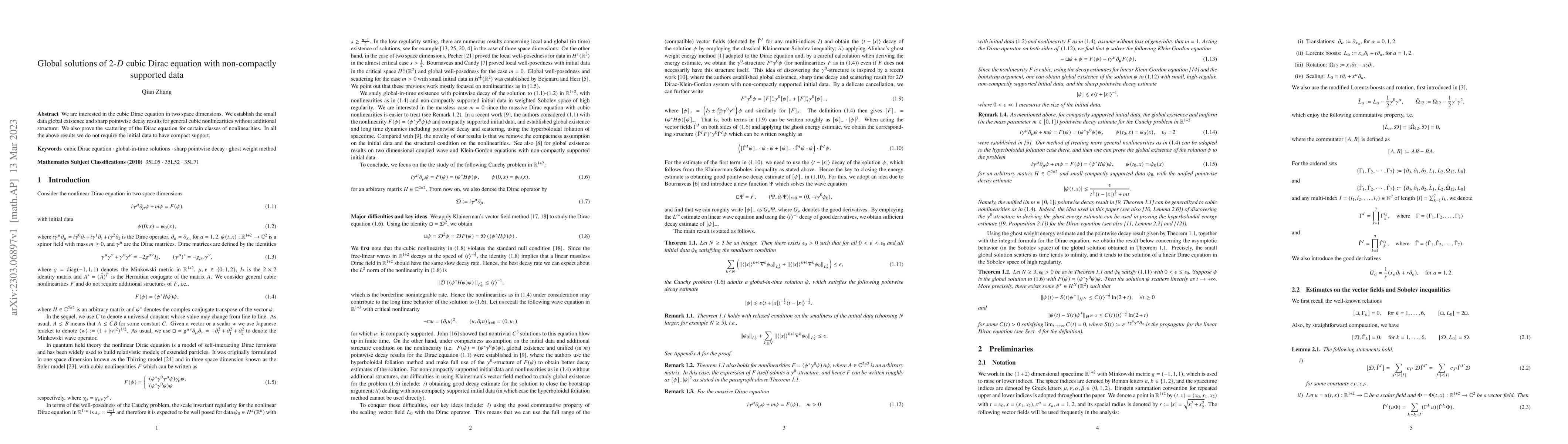 Thumbnail for Global solutions of 2-D cubic Dirac equation with non-compactly
  supported data