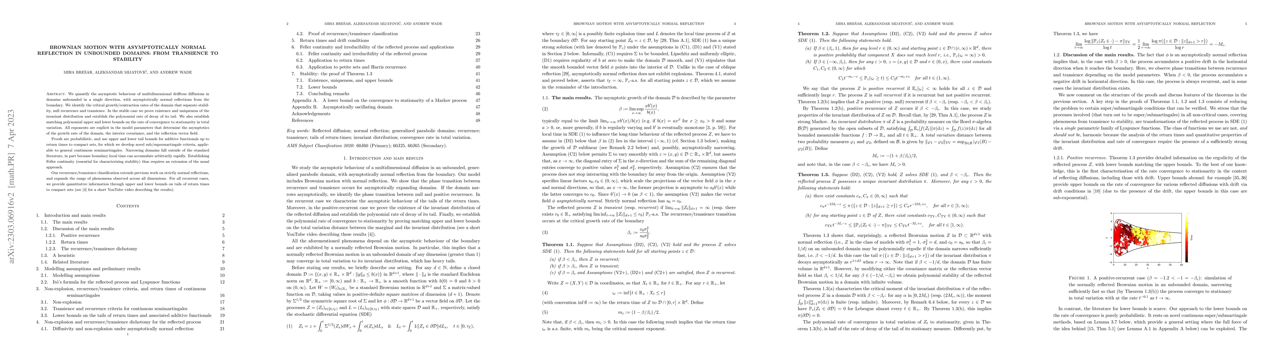 Thumbnail for Brownian motion with asymptotically normal reflection in unbounded
  domains: from transience to stability