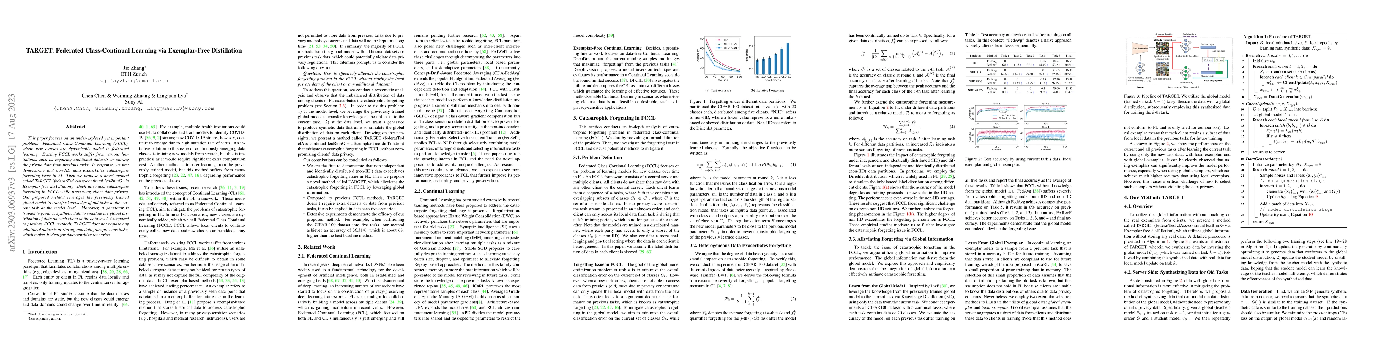 Thumbnail for TARGET: Federated Class-Continual Learning via Exemplar-Free
  Distillation