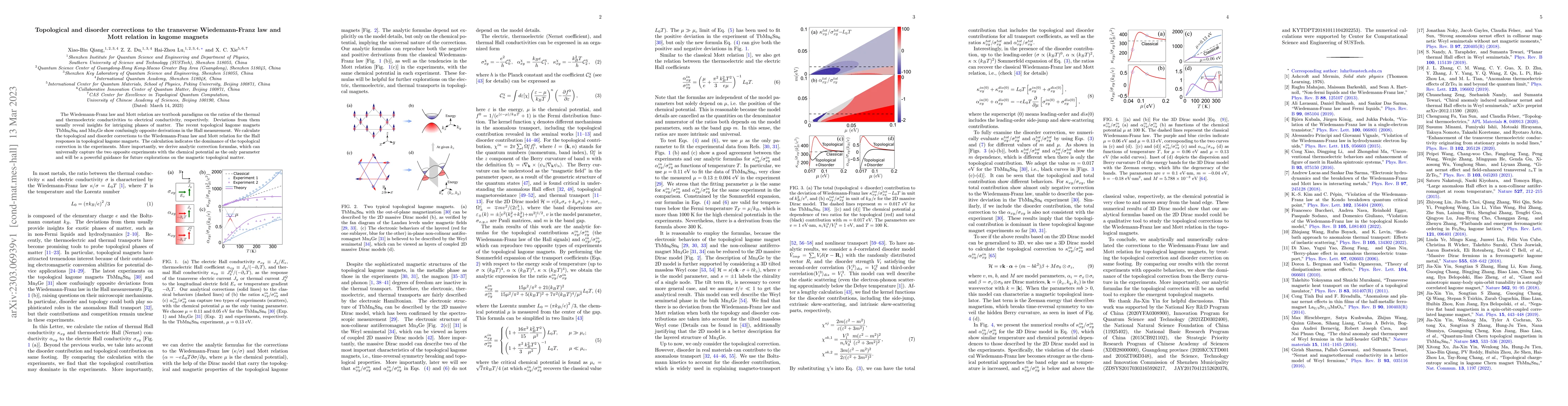 Thumbnail for Topological and disorder corrections to the transverse Wiedemann-Franz
  law and Mott relation in kagome magnets