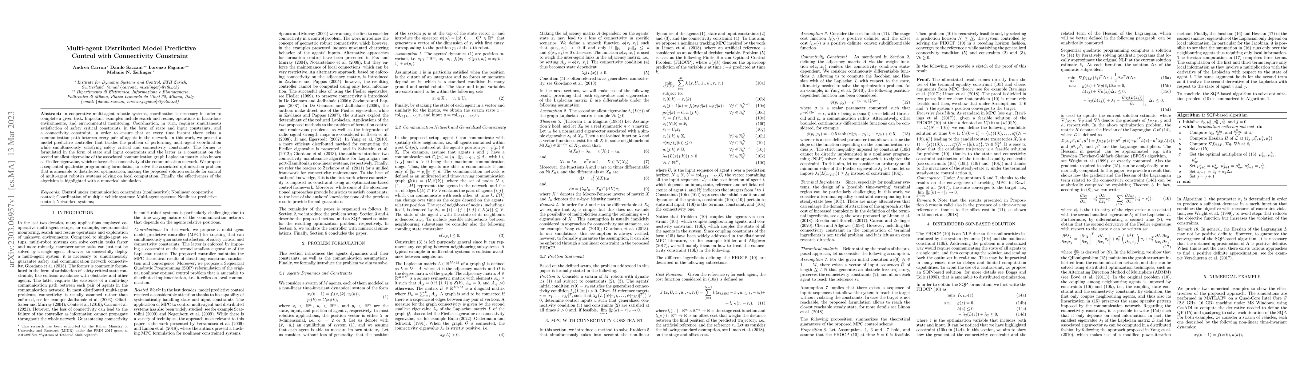 Thumbnail for Multi-agent Distributed Model Predictive Control with Connectivity
  Constraint