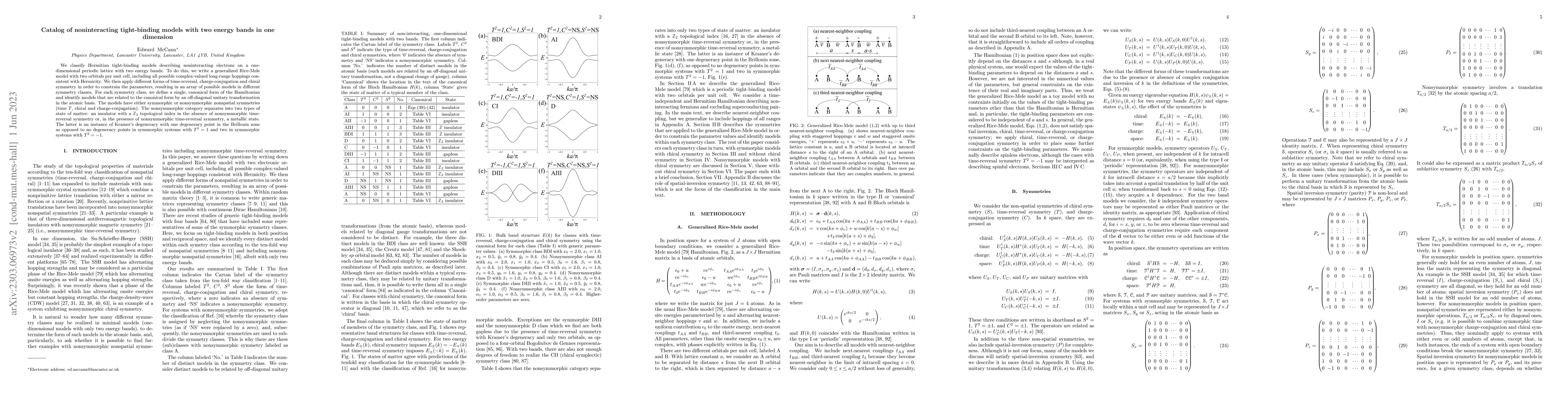 Thumbnail for Catalog of noninteracting tight-binding models with two energy bands in
  one dimension