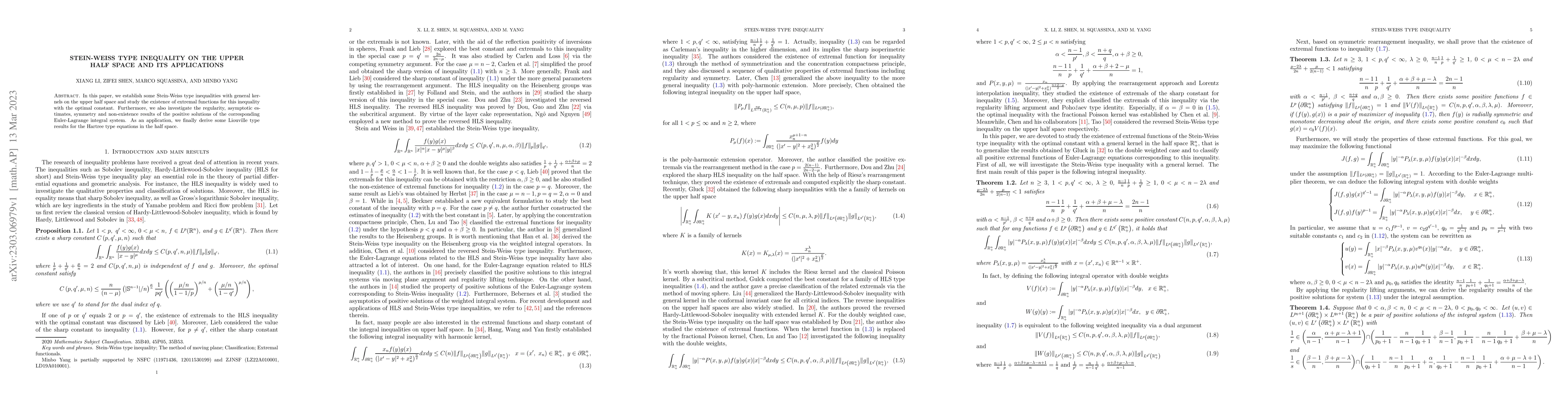 Thumbnail for Stein-Weiss type inequality on the upper half space and its applications