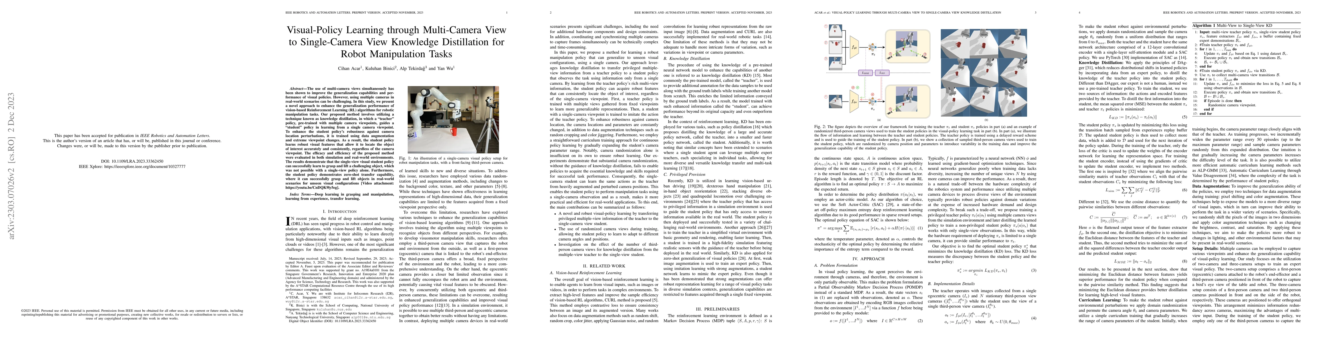 Thumbnail for Visual-Policy Learning through Multi-Camera View to Single-Camera View
  Knowledge Distillation for Robot Manipulation Tasks