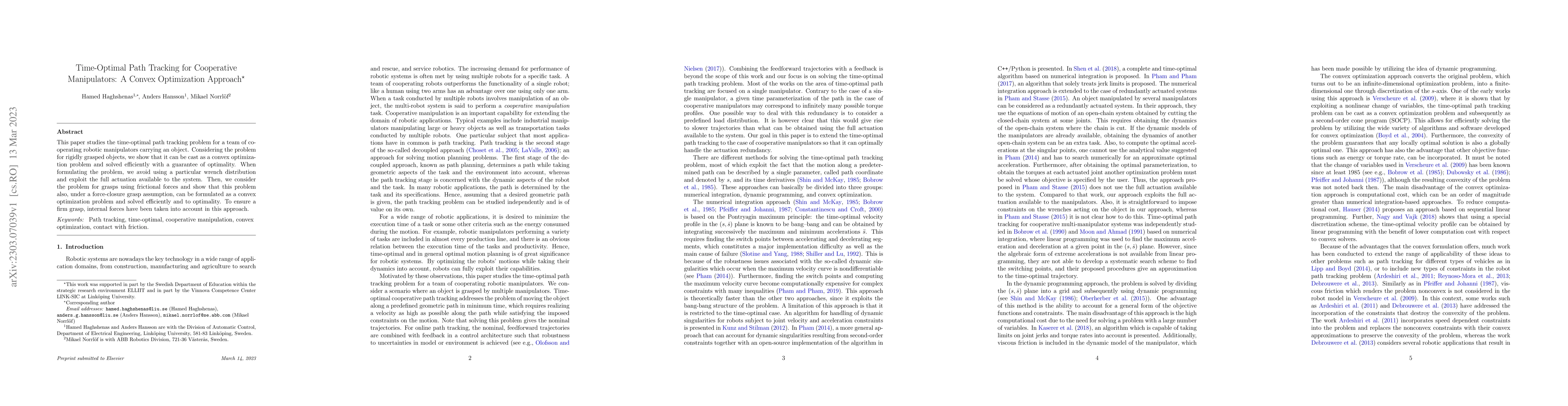 Thumbnail for Time-Optimal Path Tracking for Cooperative Manipulators: A Convex
  Optimization Approach
