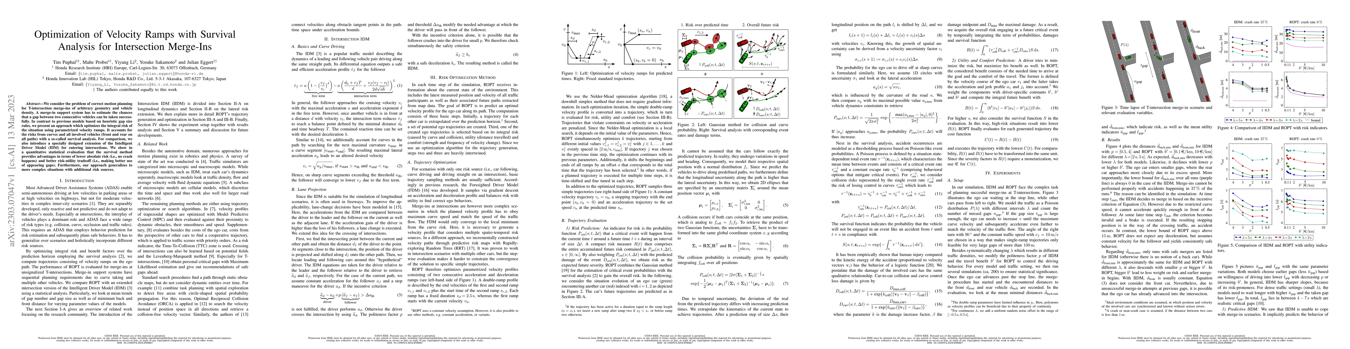 Thumbnail for Optimization of Velocity Ramps with Survival Analysis for Intersection
  Merge-Ins