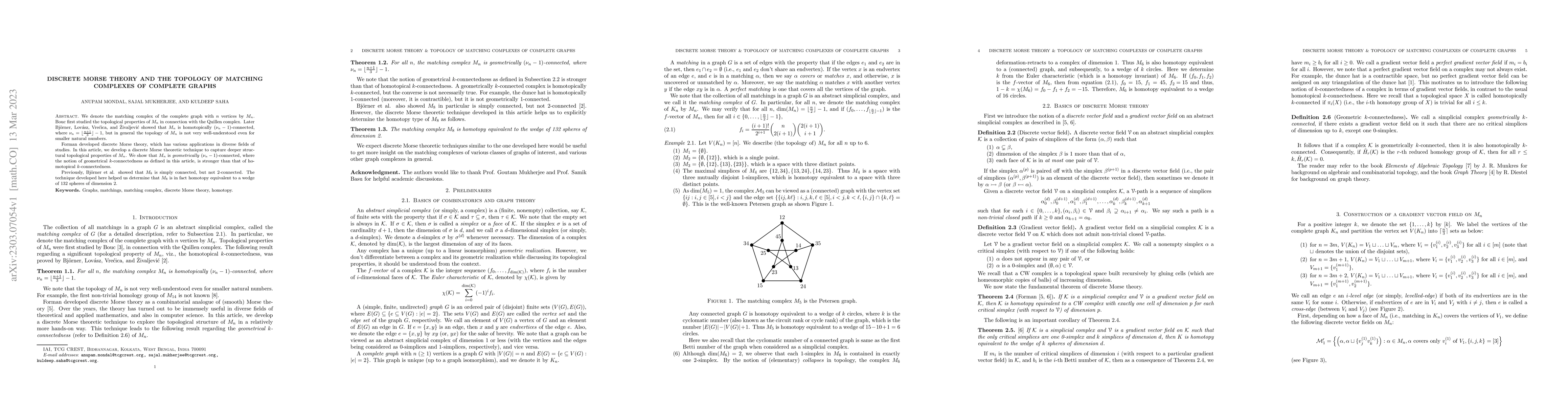 Thumbnail for Discrete Morse theory and the topology of matching complexes of complete
  graphs