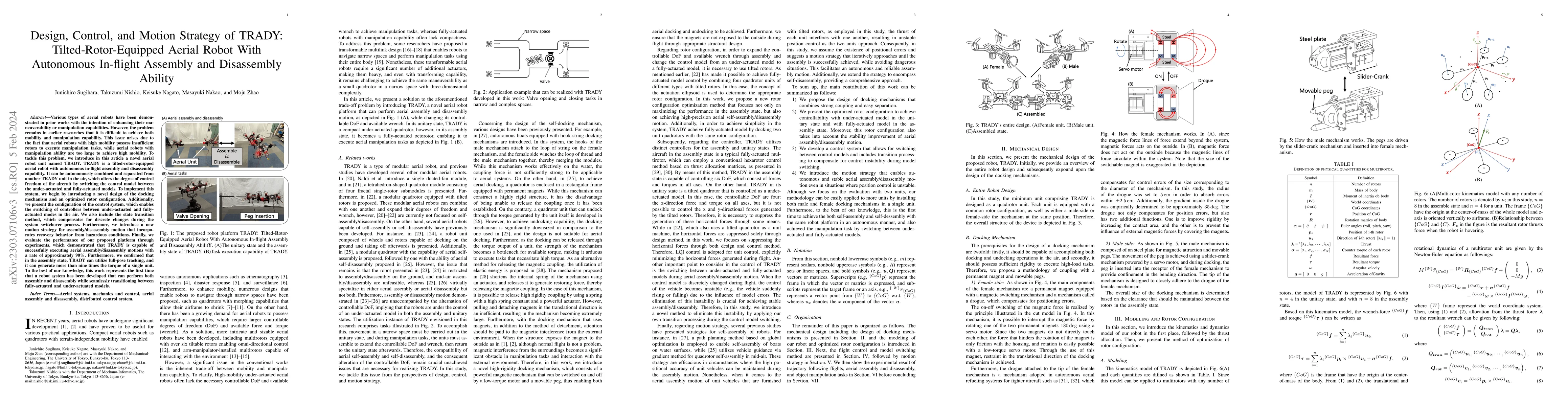 Thumbnail for Design, Control, and Motion Strategy of TRADY: Tilted-Rotor-Equipped
  Aerial Robot With Autonomous In-Flight Assembly and Disassembly Ability