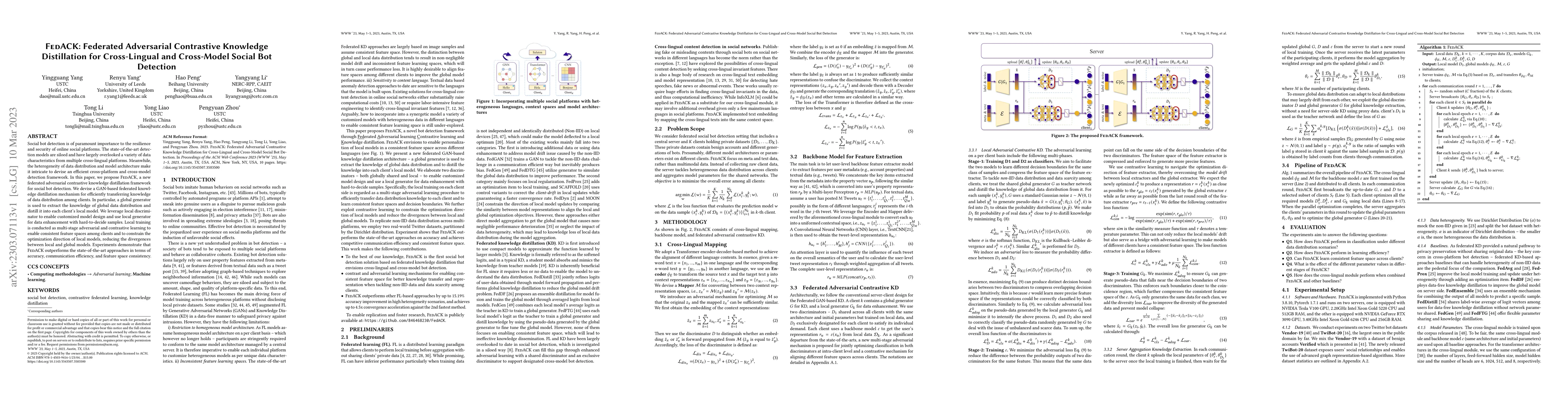 Thumbnail for FedACK: Federated Adversarial Contrastive Knowledge Distillation for
  Cross-Lingual and Cross-Model Social Bot Detection
