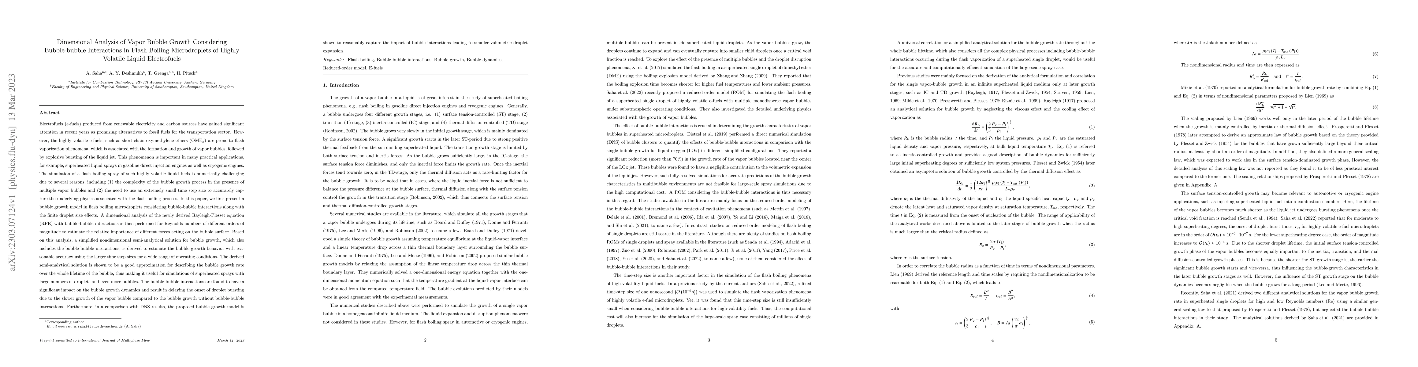 Thumbnail for Dimensional Analysis of Vapor Bubble Growth Considering Bubble-bubble
  Interactions in Flash Boiling Microdroplets of Highly Volatile Liquid
  Electrofuels