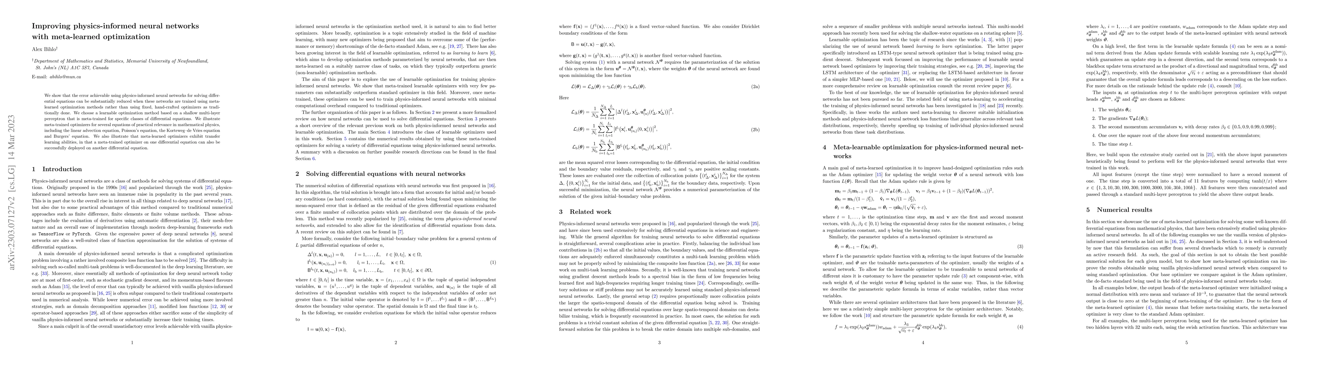 Thumbnail for Improving physics-informed neural networks with meta-learned
  optimization