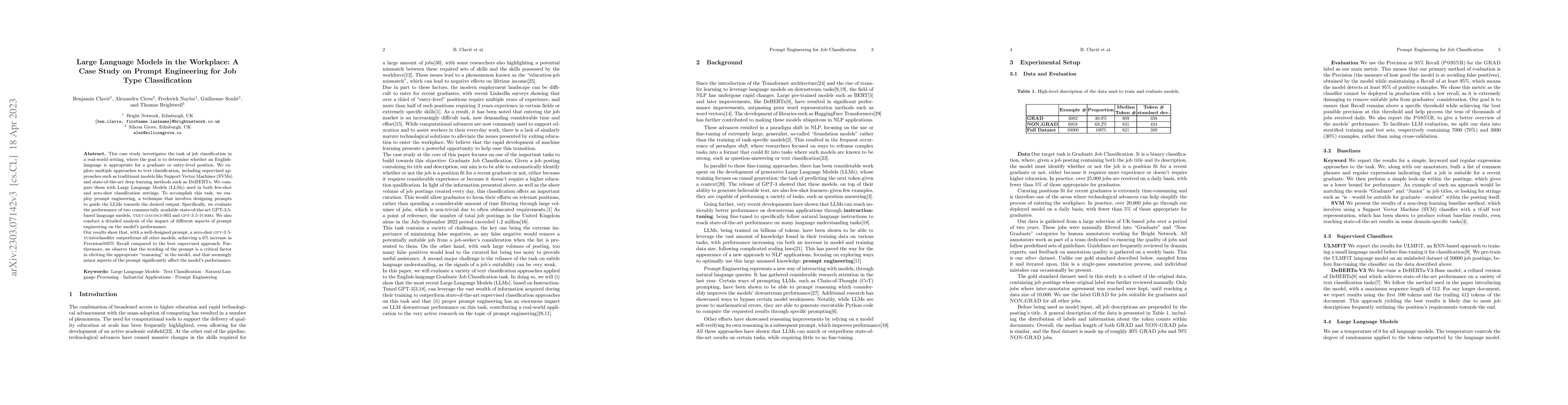 Thumbnail for Large Language Models in the Workplace: A Case Study on Prompt
  Engineering for Job Type Classification