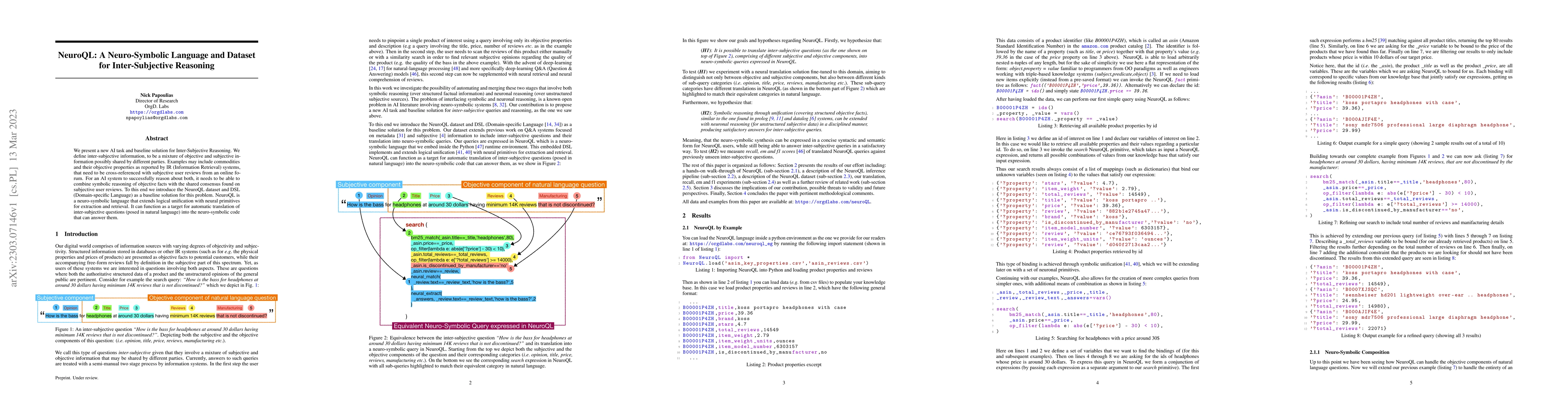 Thumbnail for NeuroQL: A Neuro-Symbolic Language and Dataset for Inter-Subjective
  Reasoning