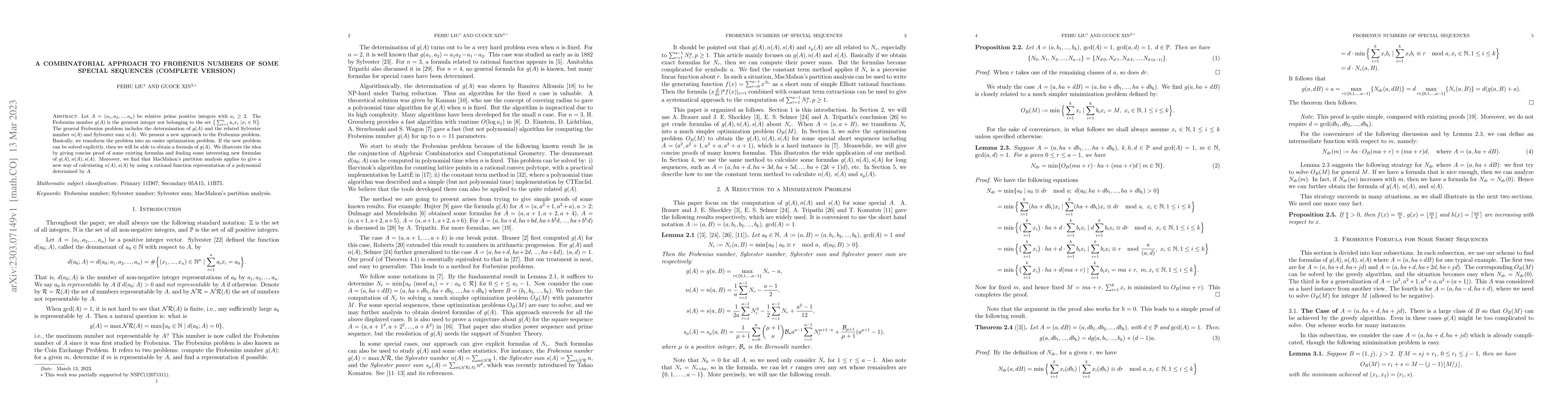 Thumbnail for A Combinatorial Approach to Frobenius Numbers of Some Special Sequences
  (Complete Version)