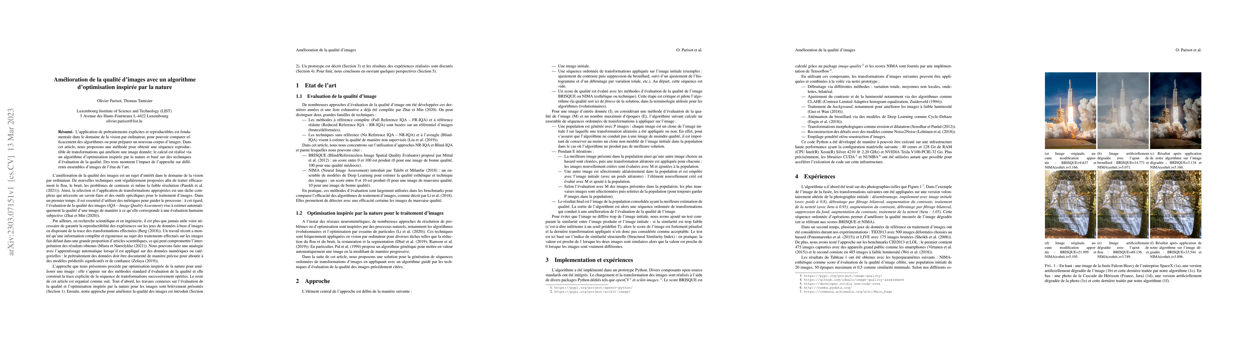 Thumbnail for Am\'elioration de la qualit\'e d'images avec un algorithme
  d'optimisation inspir\'ee par la nature