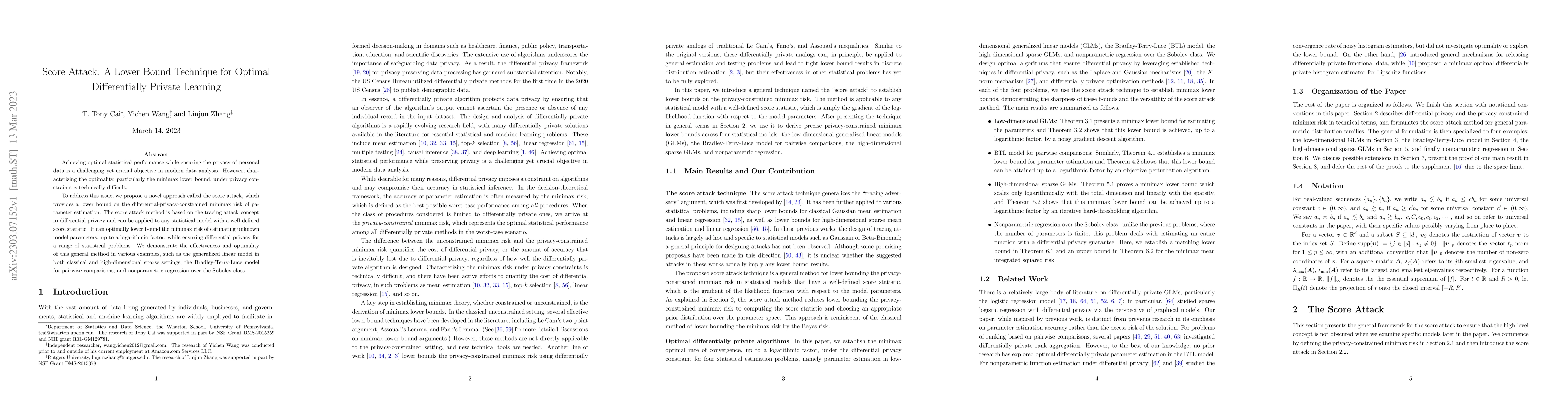 Thumbnail for Score Attack: A Lower Bound Technique for Optimal Differentially Private
  Learning
