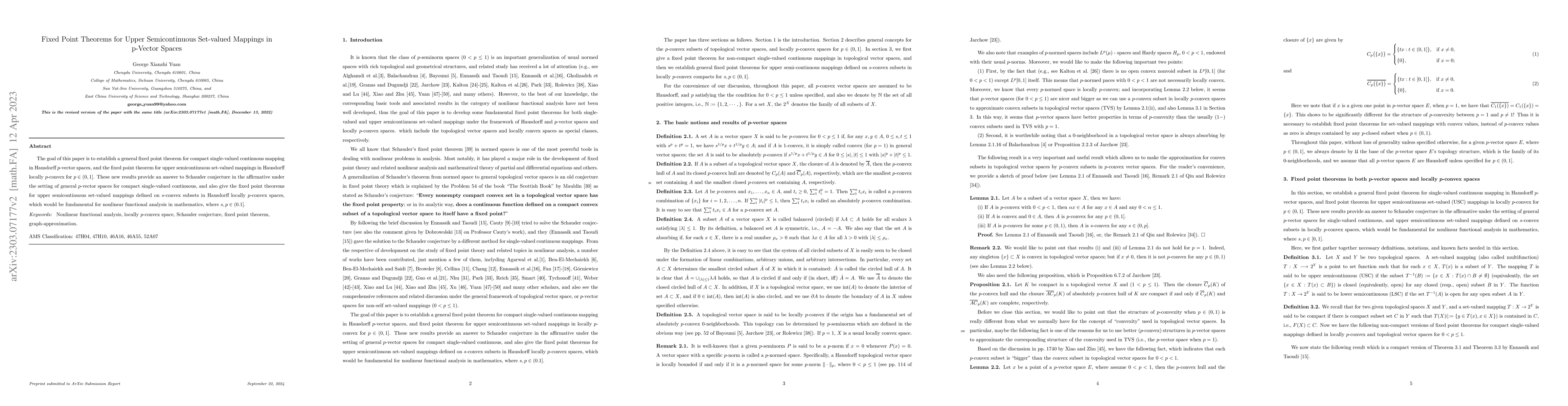 Thumbnail for Fixed Point Theorems for Upper Semicontinuous Set-valued Mappings in
  $p$-Vector Spaces