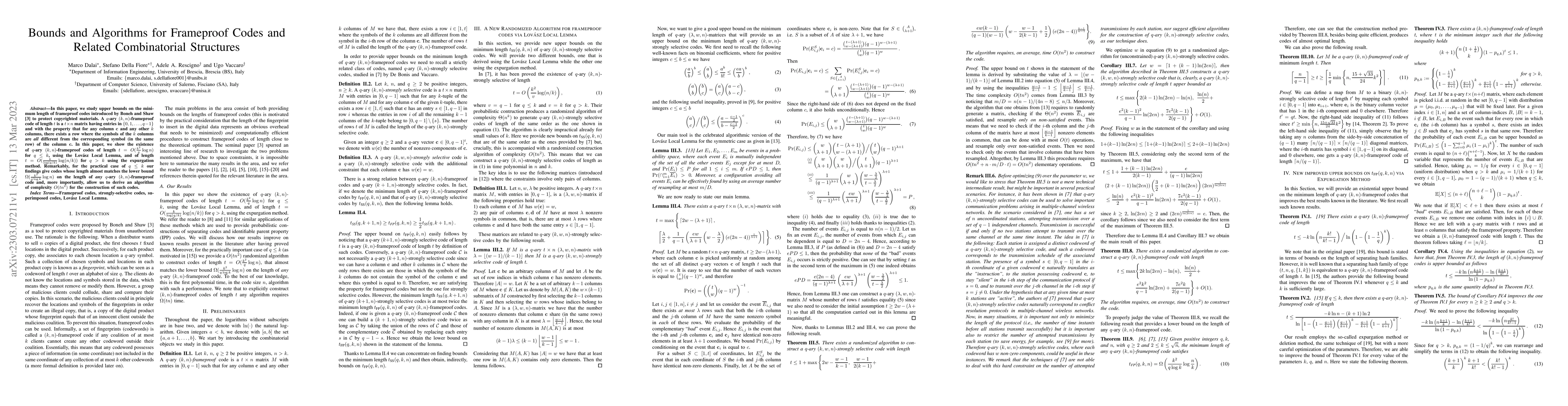 Thumbnail for Bounds and Algorithms for Frameproof Codes and Related Combinatorial
  Structures