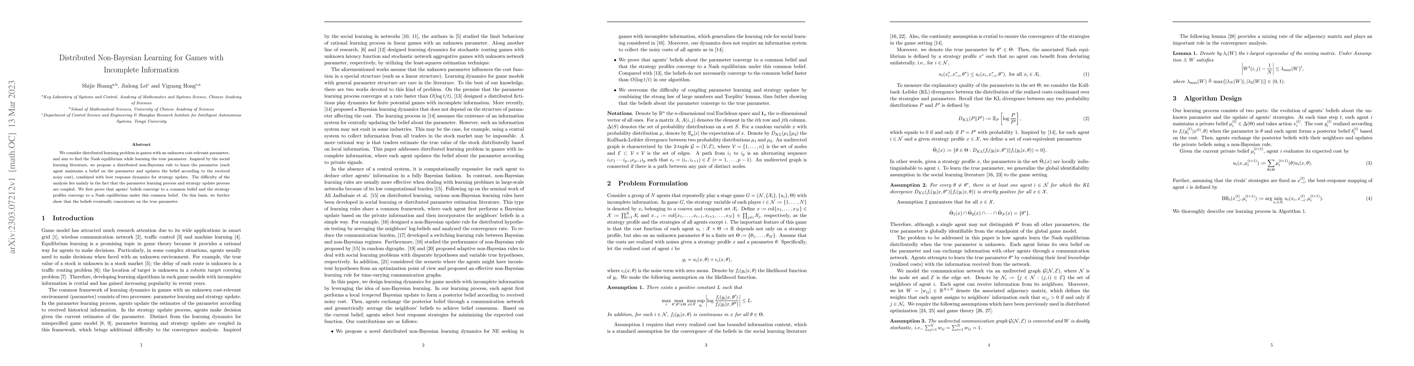 Thumbnail for Distributed Non-Bayesian Learning for Games with Incomplete Information