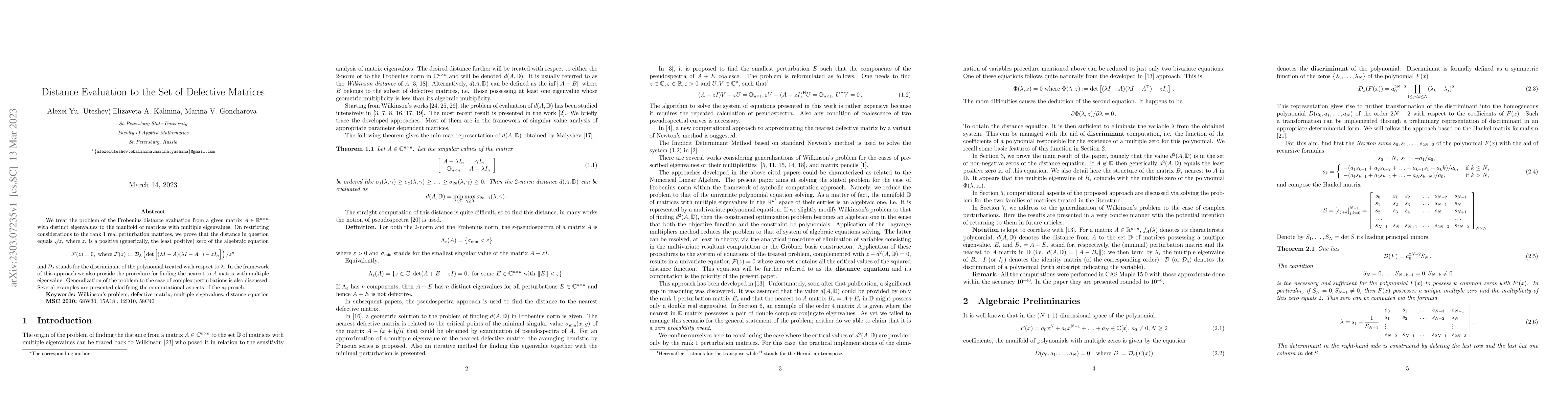 Thumbnail for Distance Evaluation to the Set of Defective Matrices