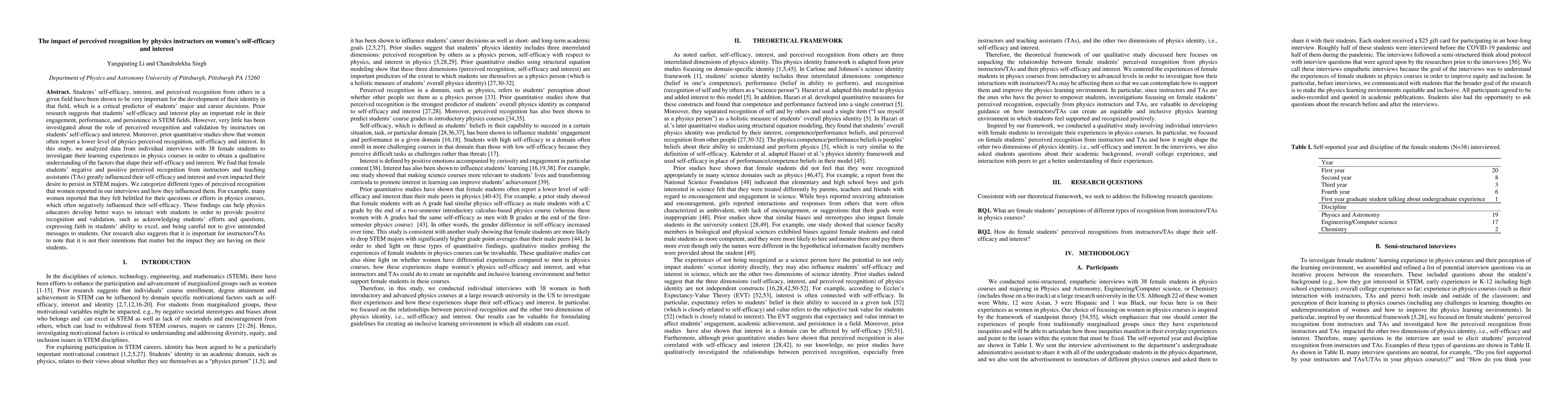 Thumbnail for The impact of perceived recognition by physics instructors on women's
  self-efficacy and interest