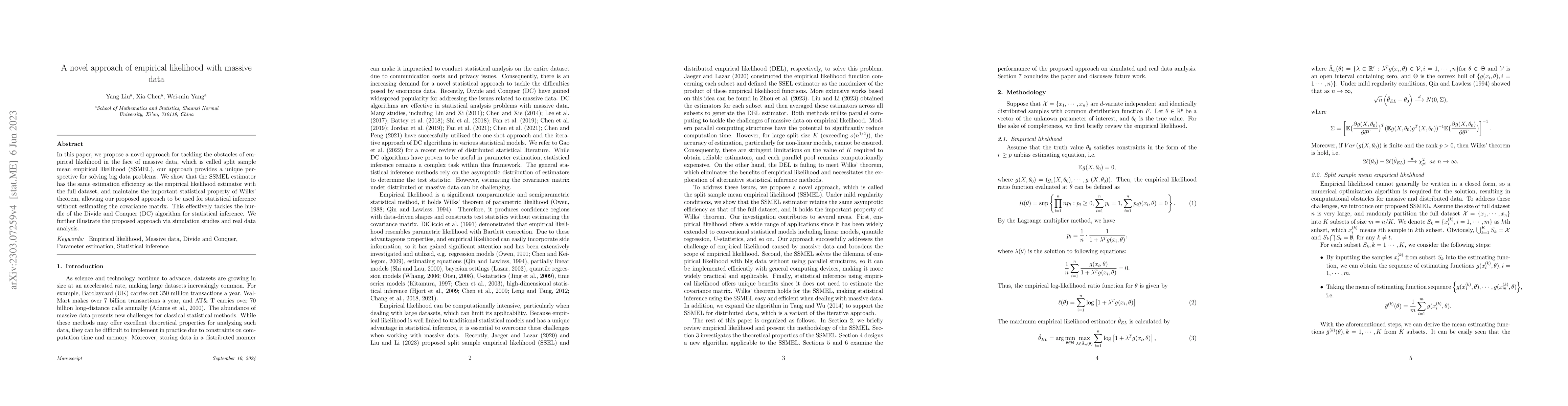 Thumbnail for A novel approach of empirical likelihood with massive data