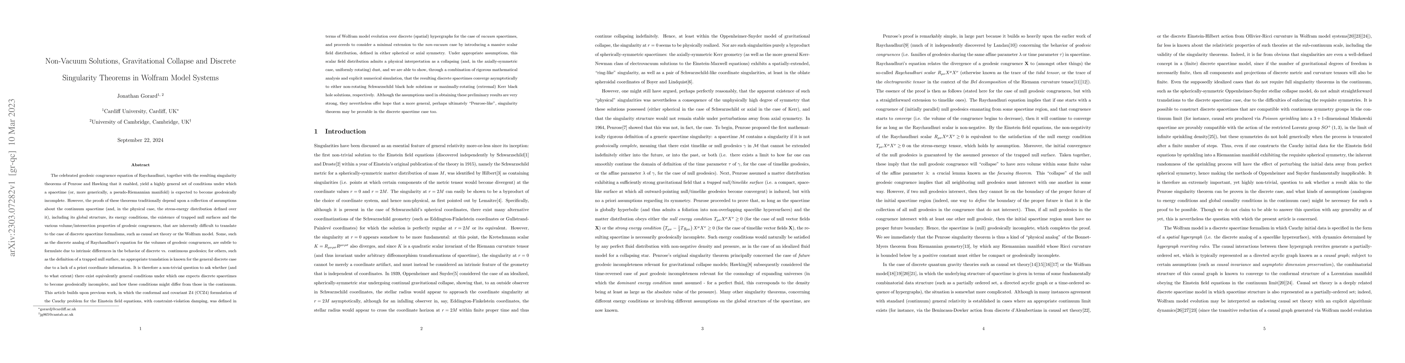 Thumbnail for Non-Vacuum Solutions, Gravitational Collapse and Discrete Singularity
  Theorems in Wolfram Model Systems