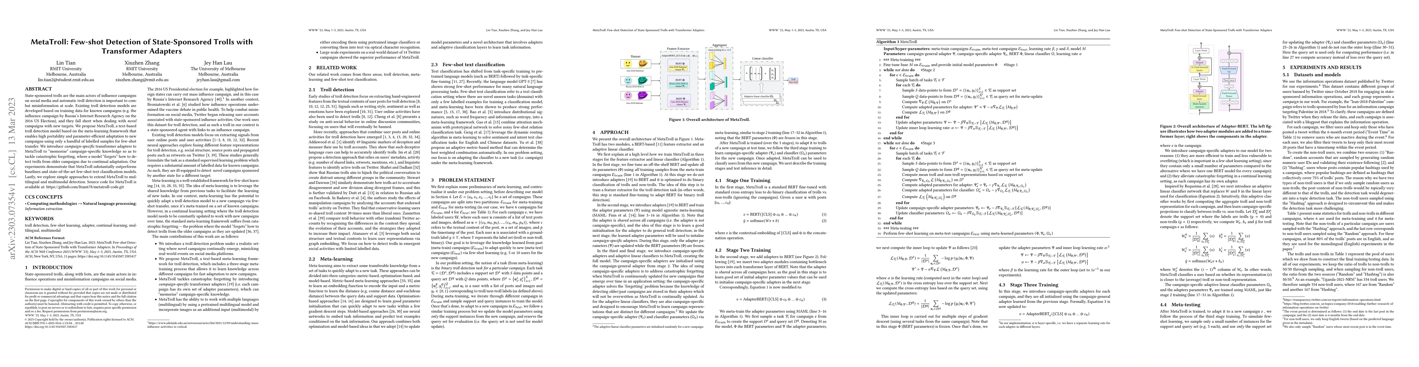 Thumbnail for MetaTroll: Few-shot Detection of State-Sponsored Trolls with Transformer
  Adapters