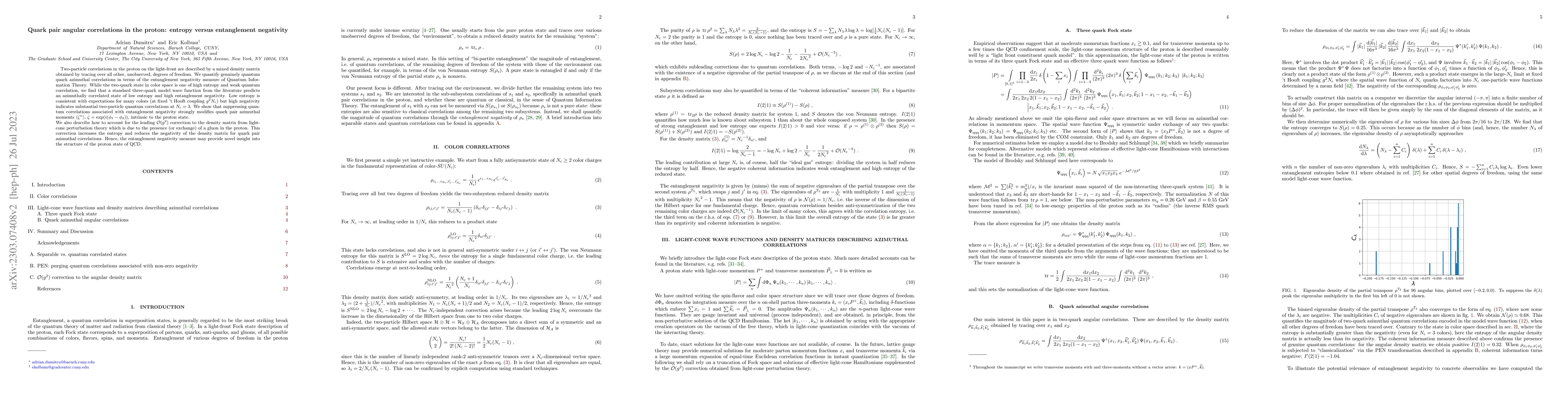 Thumbnail for Quark pair angular correlations in the proton: entropy versus
  entanglement negativity