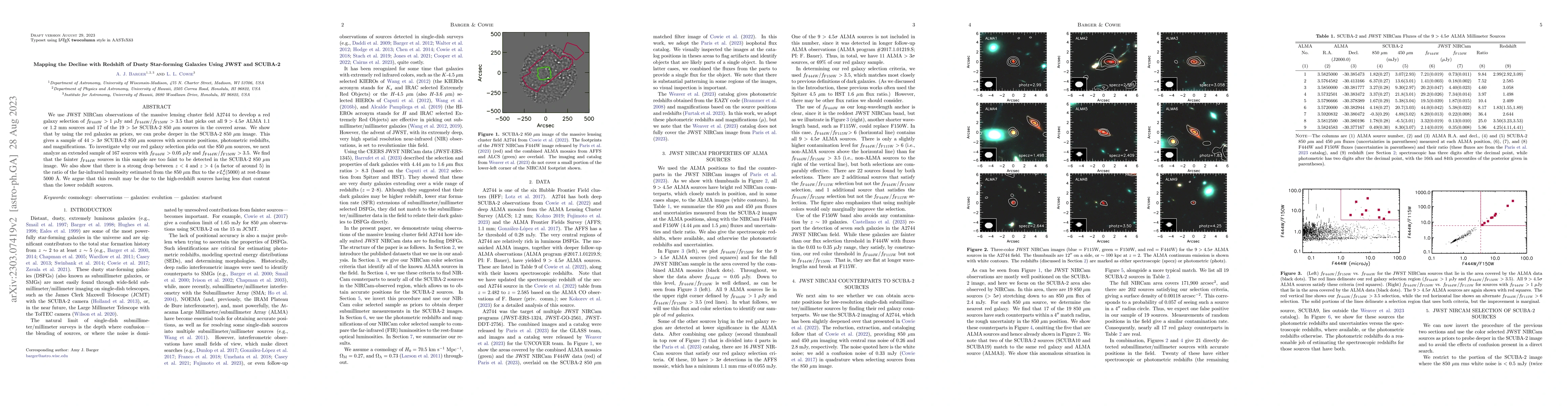 Thumbnail for Mapping the Decline with Redshift of Dusty Star-forming Galaxies Using
  JWST and SCUBA-2