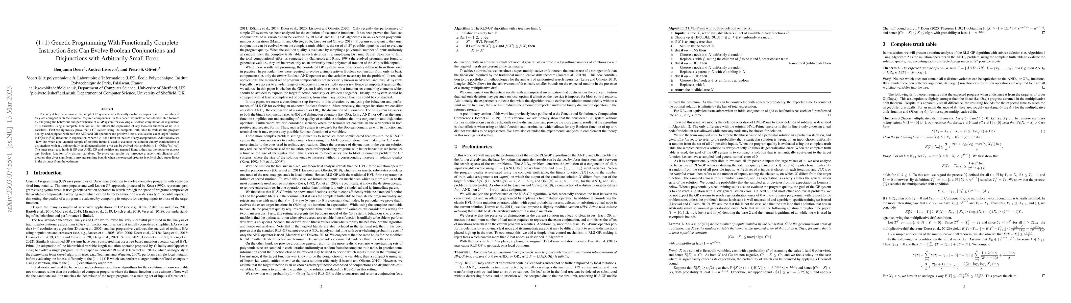 Thumbnail for (1+1) Genetic Programming With Functionally Complete Instruction Sets
  Can Evolve Boolean Conjunctions and Disjunctions with Arbitrarily Small Error