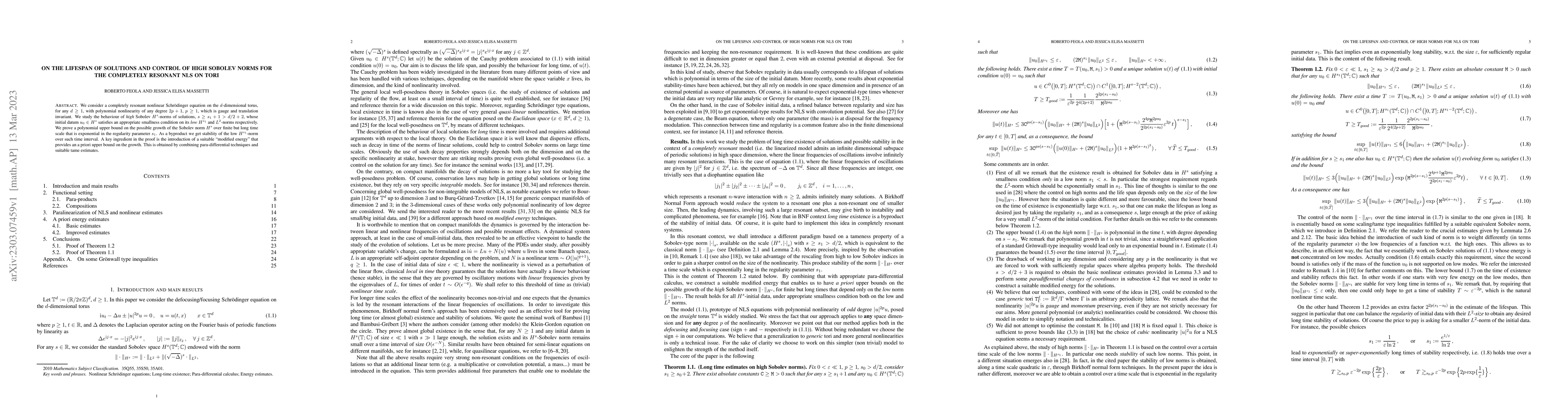 Thumbnail for On the lifespan of solutions and control of high Sobolev norms for the
  completely resonant NLS on tori