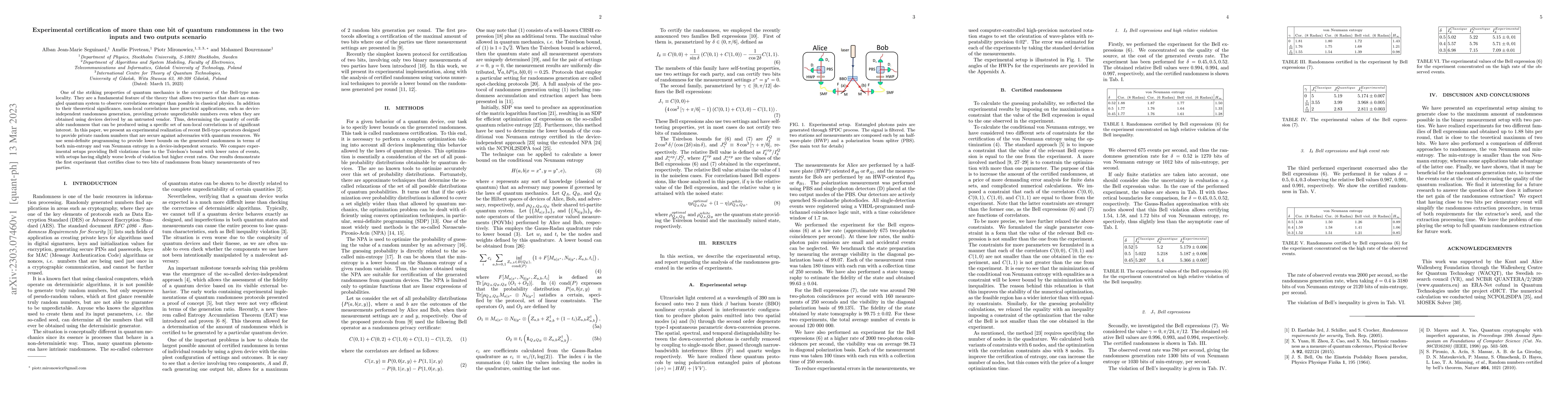 Thumbnail for Experimental certification of more than one bit of quantum randomness in
  the two inputs and two outputs scenario