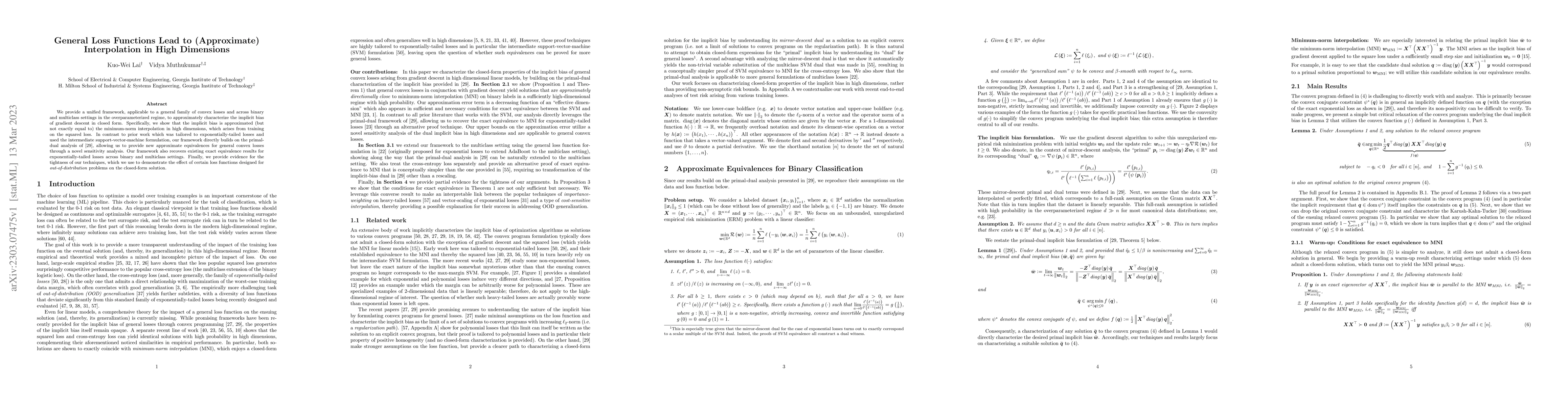 Thumbnail for General Loss Functions Lead to (Approximate) Interpolation in High
  Dimensions