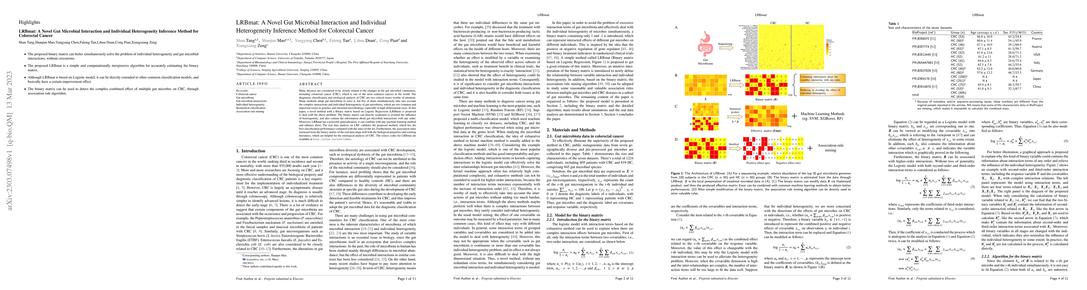 Thumbnail for LRBmat: A Novel Gut Microbial Interaction and Individual Heterogeneity
  Inference Method for Colorectal Cancer