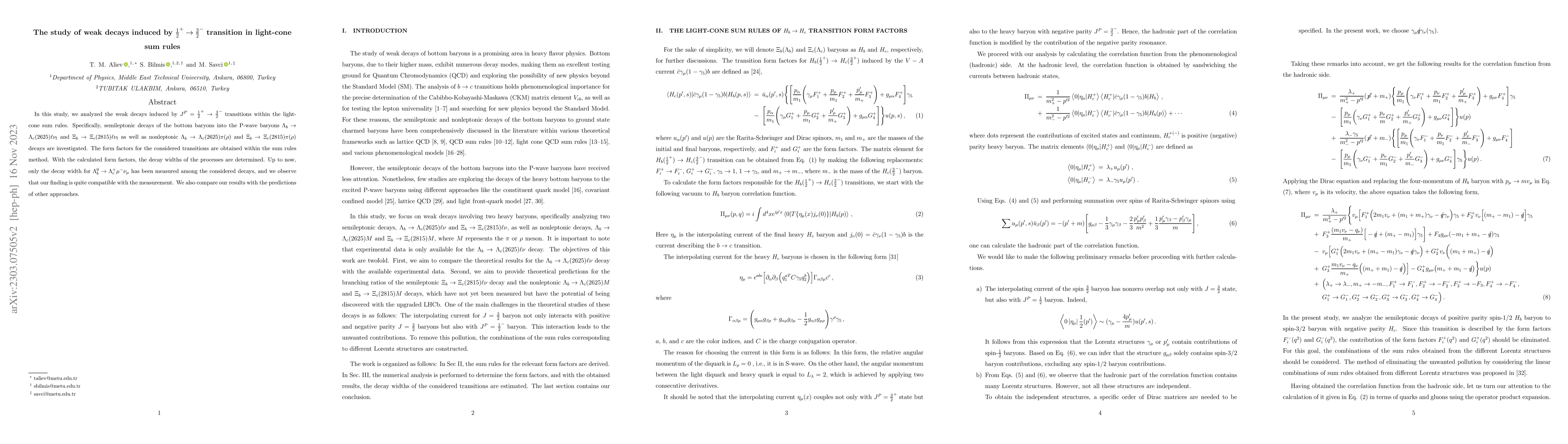Thumbnail for The study of weak decays induced by $\frac{1}{2}^+ \to \frac{3}{2}^-$
  transition in light-cone sum rules