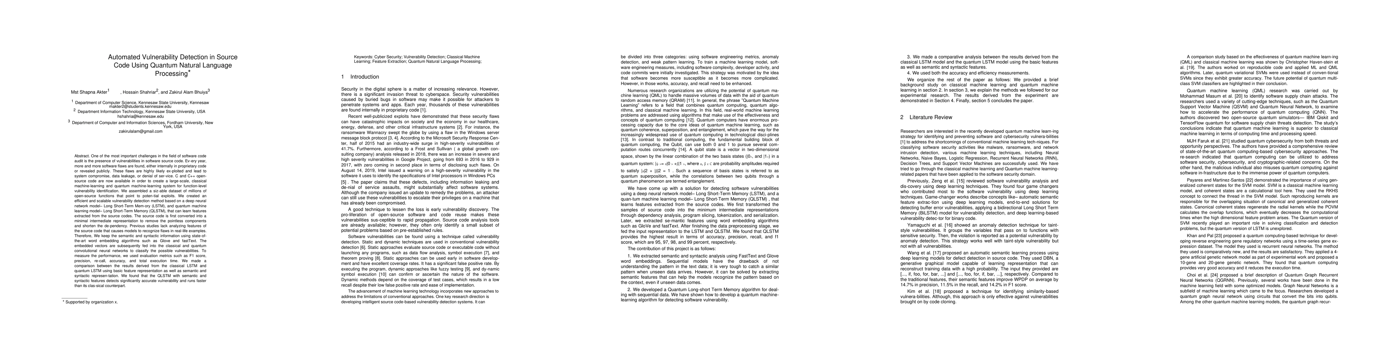 Thumbnail for Automated Vulnerability Detection in Source Code Using Quantum Natural
  Language Processing