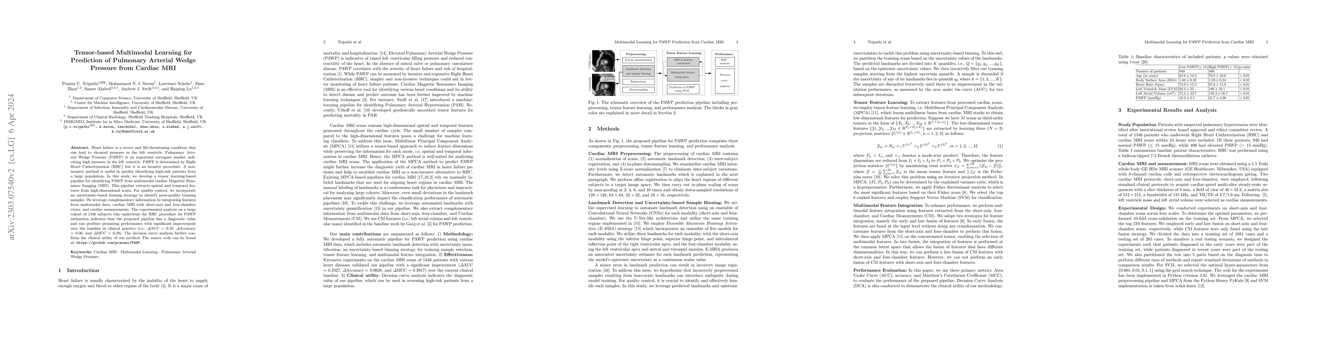 Thumbnail for Tensor-based Multimodal Learning for Prediction of Pulmonary Arterial
  Wedge Pressure from Cardiac MRI