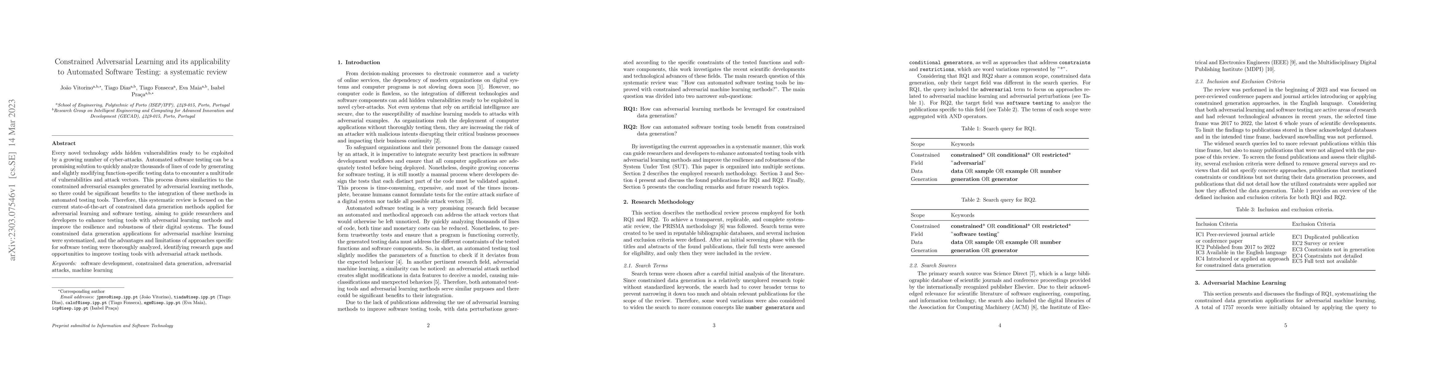 Thumbnail for Constrained Adversarial Learning and its applicability to Automated
  Software Testing: a systematic review