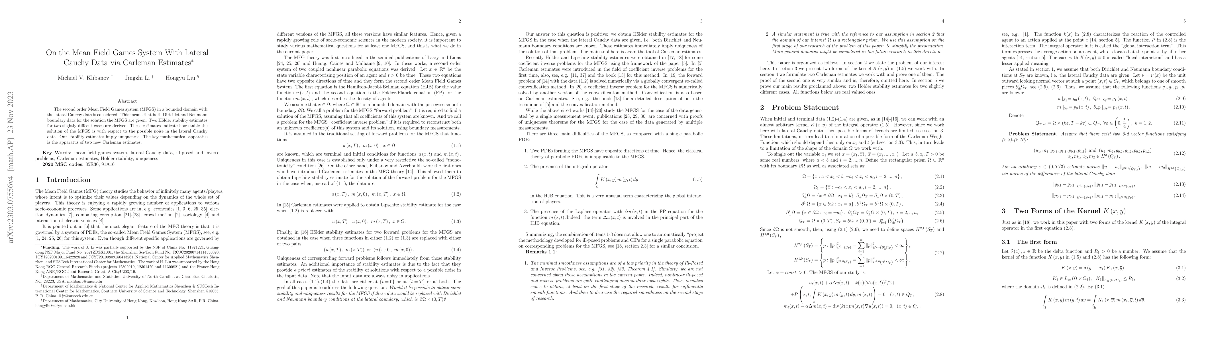 Thumbnail for On The Mean Field Games System With the Lateral Cauchy Data via Carleman
  Estimates