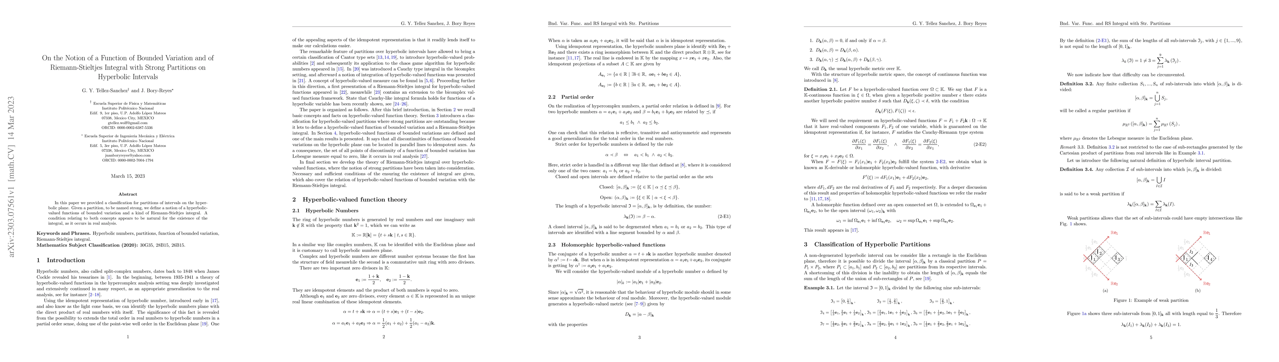 Thumbnail for On the Notion of a Function of Bounded Variation and of
  Riemann-Stieltjes Integral with Strong Partitions on Hyperbolic Intervals
